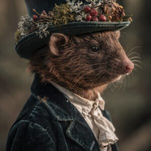 Rongeur anthropomorphe habillé en costume ancien avec chapeau décoré de plantes et baies, portrait en lumière douce.