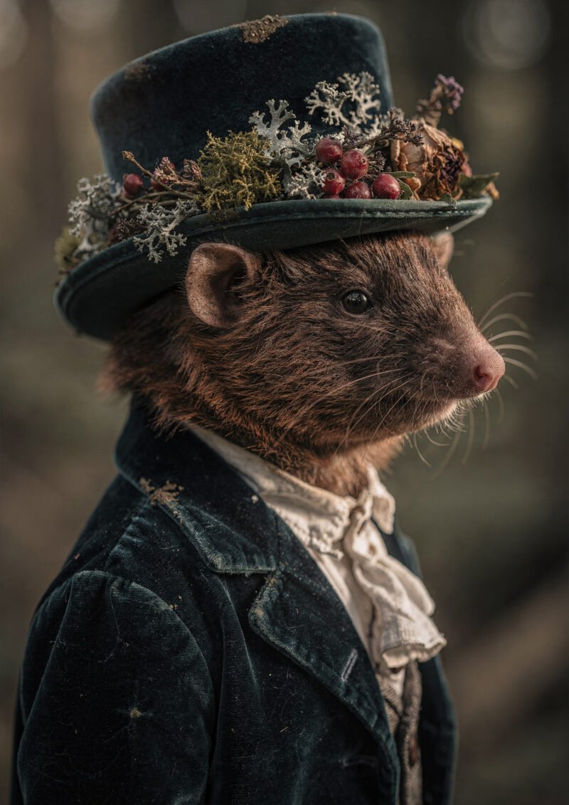 Rongeur anthropomorphe habillé en costume ancien avec chapeau décoré de plantes et baies, portrait en lumière douce.