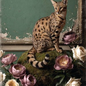 Chat savannah au pelage tacheté assis sur un coussin de mousse entouré de fleurs, devant un mur patiné vert.