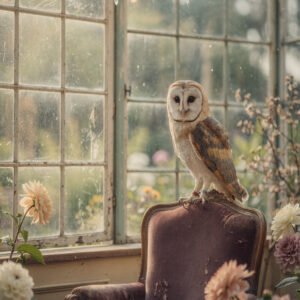 Chouette effraie perchée sur un fauteuil ancien dans une véranda lumineuse entourée de fleurs et grandes fenêtres.