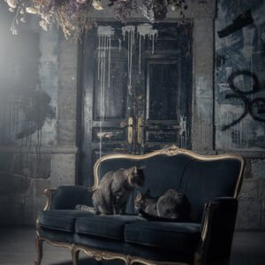 Deux chats sur un canapé vintage sombre devant une porte usée avec graffiti et fleurs suspendues au plafond.