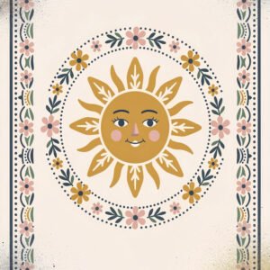 Illustration d’un soleil avec visage entouré de motifs floraux symétriques dans un style folk aux tons doux et naturels.