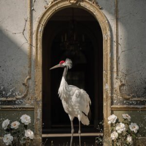 Grue blanche à tête rouge debout dans une arche ancienne entourée de fleurs, dans un décor patiné et lumineux.