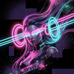 Affiche représentant une femme cyberpunk avec effets néon rose et bleu et éléments de DJ dans un style futuriste sur fond sombre.