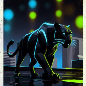 Affiche illustrant une panthère stylisée avec contours néon bleu et vert dans une ville nocturne avec lumières floues en arrière-plan.
