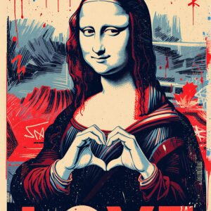 Affiche Mona Lisa style street art rouge et bleu avec graffiti, mains en forme de cœur et texte LOVE en bas