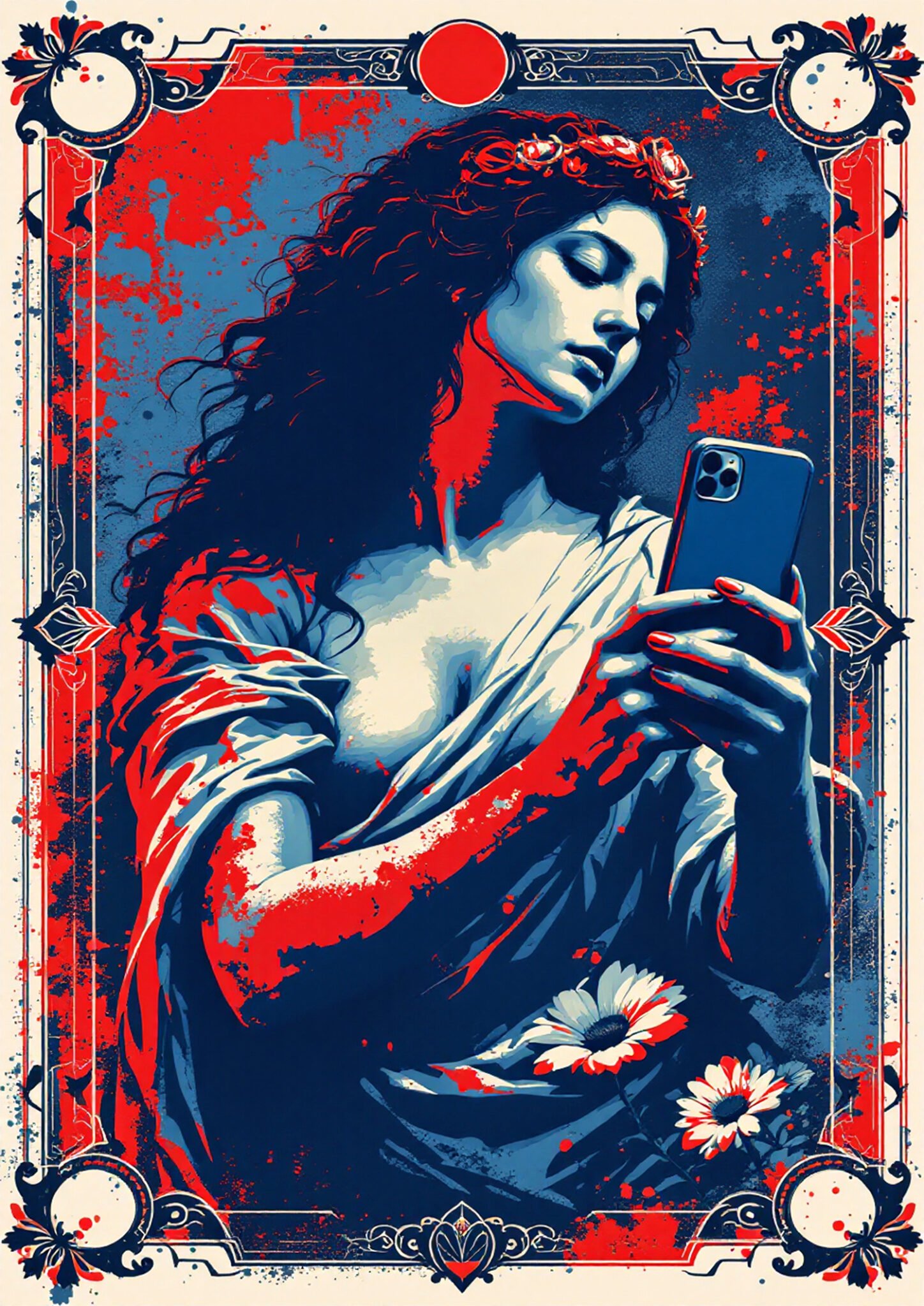Affiche pop art rouge et bleu représentant une femme inspirée de l’art classique regardant son smartphone dans un cadre ornemental.