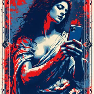 Affiche femme style classique tenant un smartphone, en rouge et bleu avec effet street art et cadre décoratif