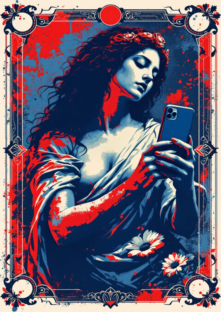 Affiche pop art rouge et bleu représentant une femme inspirée de l’art classique regardant son smartphone dans un cadre ornemental.