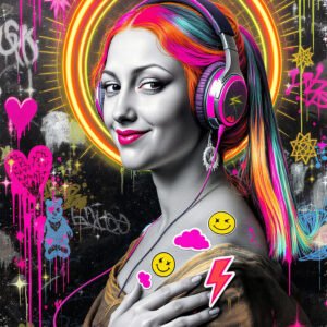 Affiche Mona Lisa street art avec casque audio, cheveux multicolores, halo néon et graffiti coloré