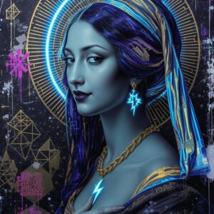 Affiche portrait femme style futuriste avec halo lumineux bleu et or, éléments géométriques et ambiance néon