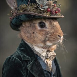 Affiche représentant un lapin habillé en costume vintage avec chapeau décoré de végétaux dans un style élégant et poétique.