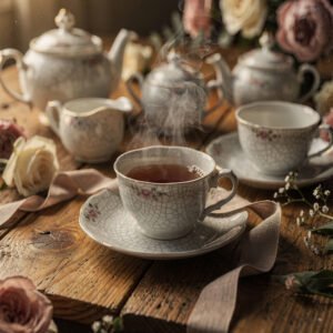 Affiche montrant une tasse de thé fumante entourée de porcelaine vintage et de fleurs sur une table en bois éclairée par une lumière chaude.
