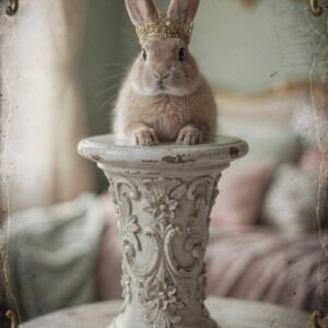 Affiche représentant un lapin portant une couronne dorée posé sur un socle sculpté dans un décor intérieur doux et vintage.