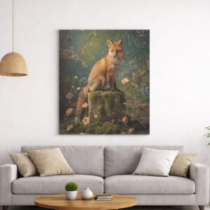 Illustration d’un renard roux assis sur une souche moussue, avec fleurs et fond vert texturé dans une ambiance naturelle.