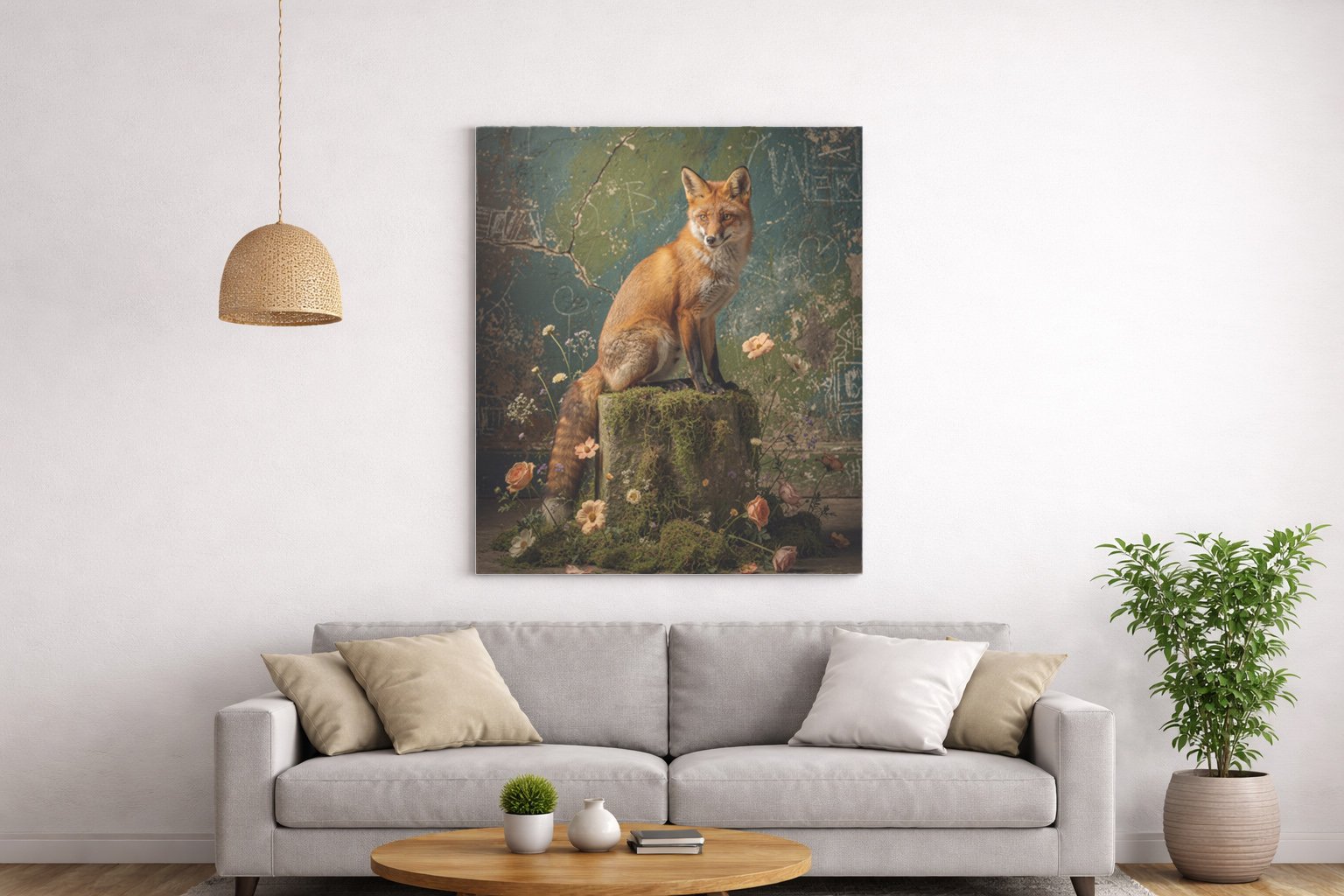 Illustration d’un renard roux assis sur une souche moussue, avec fleurs et fond vert texturé dans une ambiance naturelle.