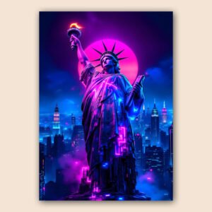 Affiche avec la Statue de la Liberté éclairée en néon rose et bleu, devant la skyline de New York et une grande lune violette.