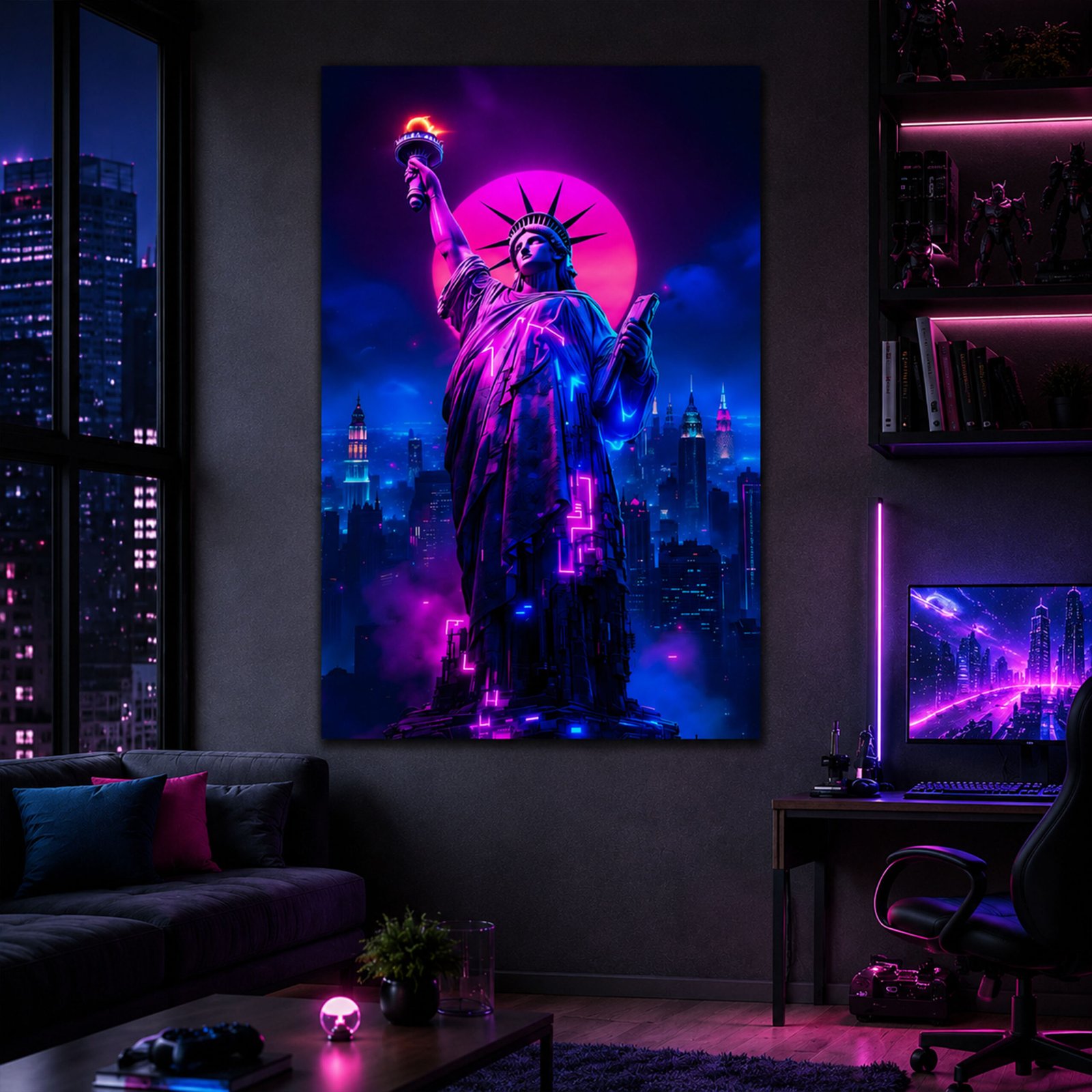 Affiche Statue de la Liberté néon accrochée dans un coin gaming sombre avec bureau, écran lumineux, canapé et éclairage LED violet.
