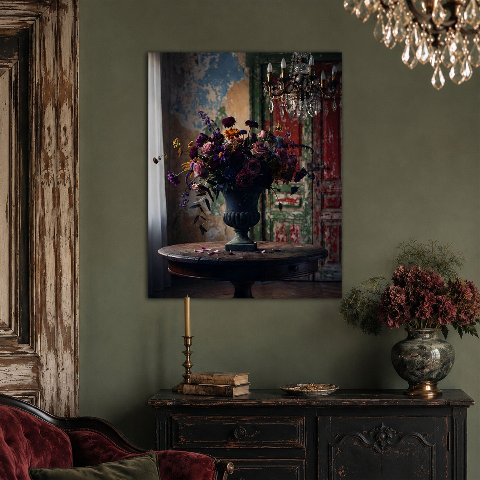 Affiche bouquet de fleurs accrochée dans un intérieur vert vintage avec meuble patiné, bougeoir, livres anciens et vase fleuri.