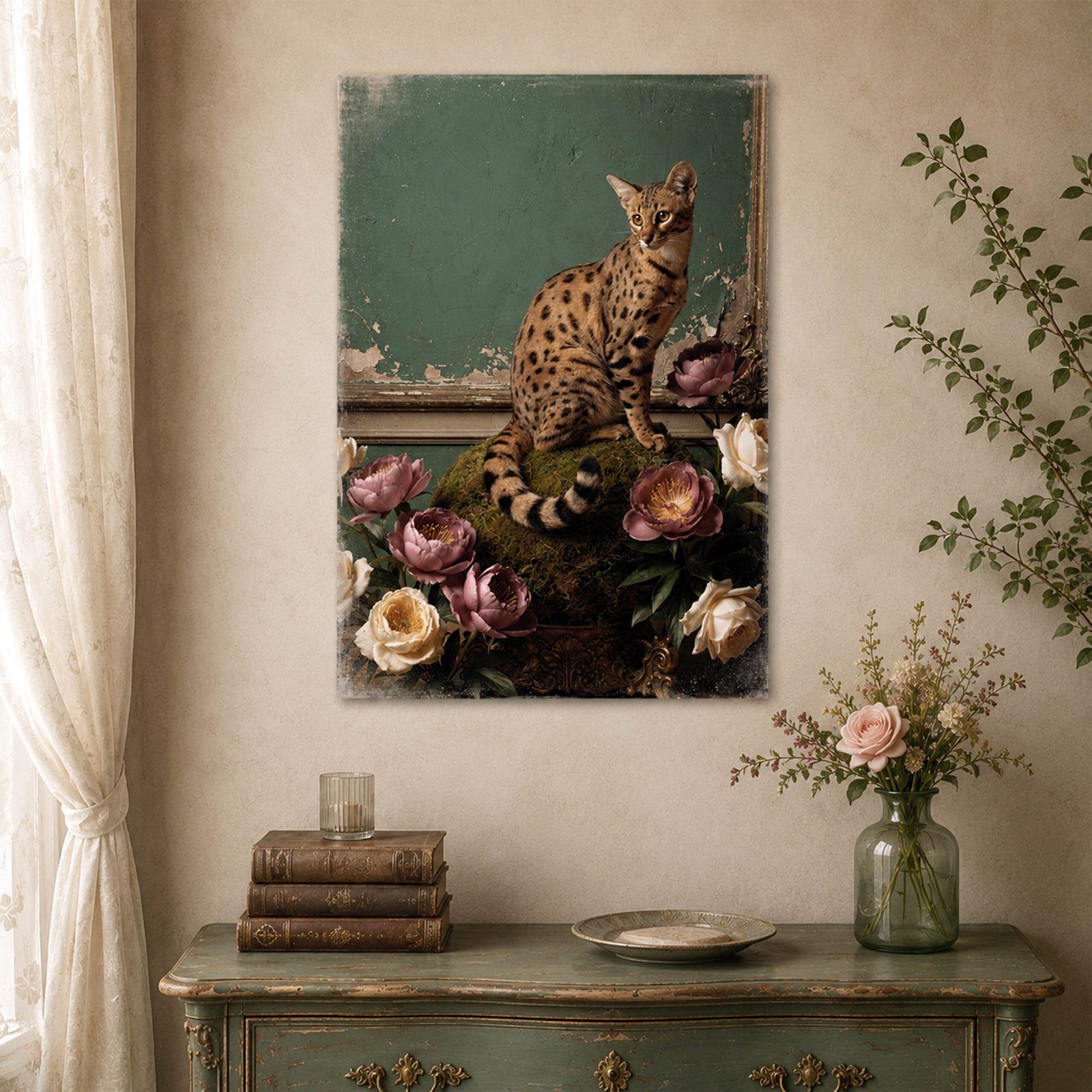 Affiche avec un chat tacheté entouré de fleurs accrochée dans un intérieur vintage avec commode verte, livres et vase fleuri.