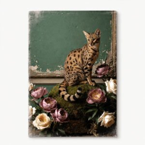 Affiche avec un chat tacheté posé sur de la mousse, entouré de fleurs roses et blanches, devant un fond vert patiné.