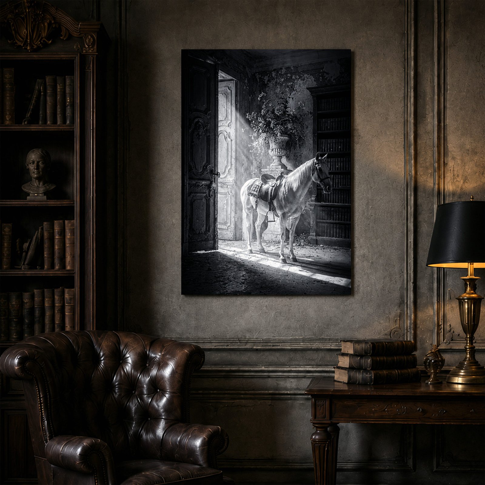 Affiche en noir et blanc avec cheval blanc accrochée dans un bureau ancien sombre avec bibliothèque, fauteuil en cuir et lampe.