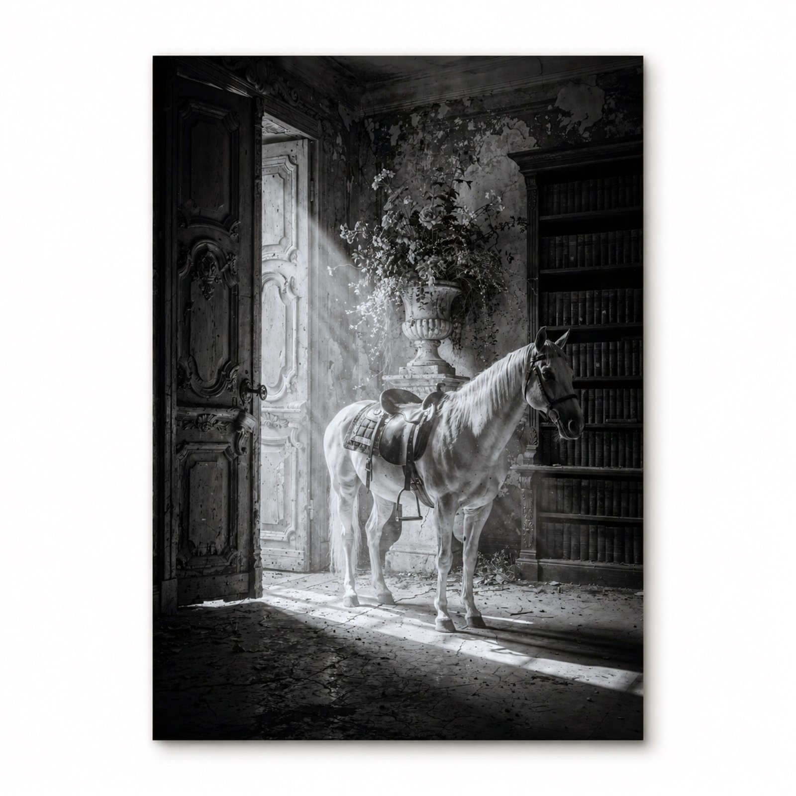 Affiche en noir et blanc montrant un cheval blanc dans une bibliothèque ancienne éclairée par un rayon de lumière venant d’une porte entrouverte.