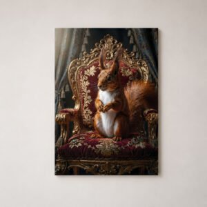 Affiche avec un écureuil roux assis sur un fauteuil baroque rouge et doré, dans un décor sombre et élégant.