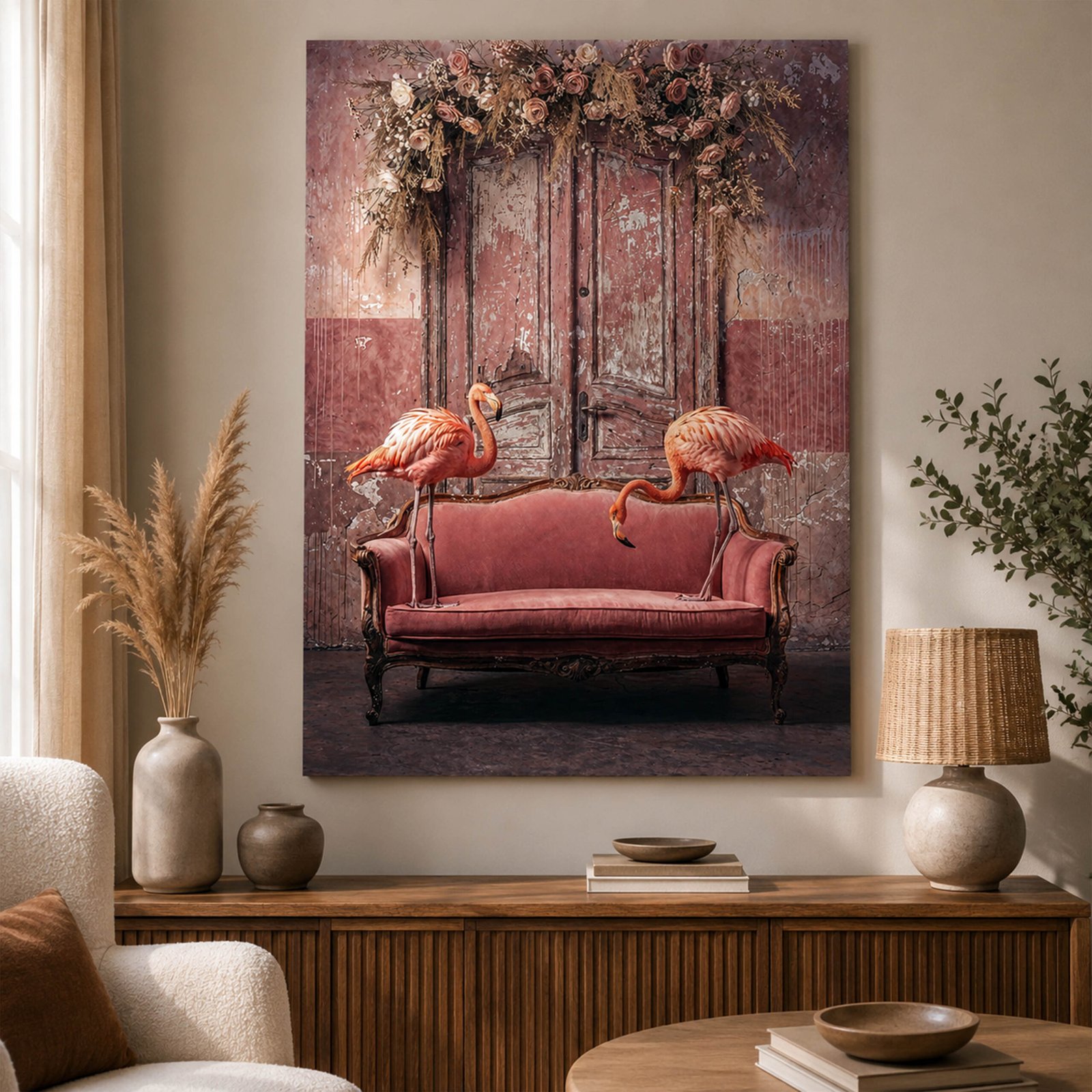 Affiche avec deux flamants roses et canapé rose vintage accrochée dans un salon naturel avec meuble en bois, lampe et vase décoratif.