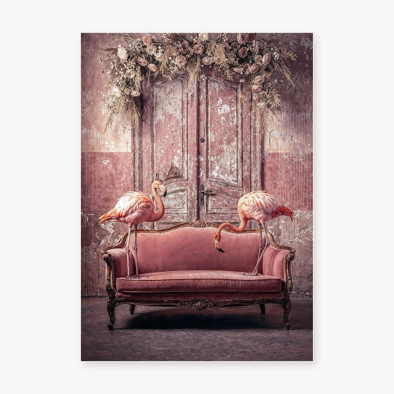Affiche avec deux flamants roses autour d’un canapé rose vintage, sous une composition de fleurs suspendues, dans un décor patiné.