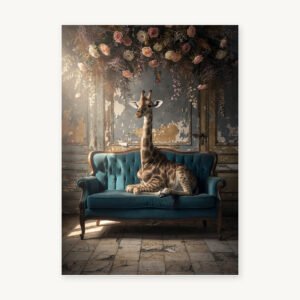 Affiche avec une girafe allongée sur un canapé bleu, sous une composition de fleurs suspendues, dans un décor ancien patiné.