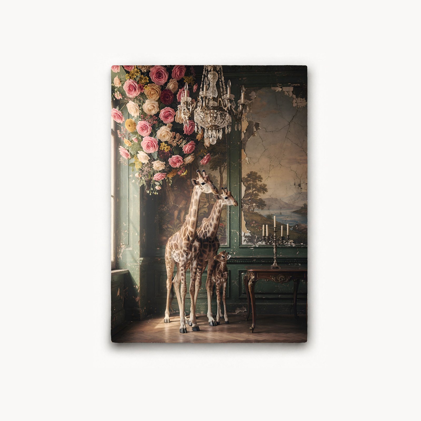 Affiche avec trois girafes dans un salon ancien vert, sous une composition de fleurs suspendues, avec chandelier et décor patiné.