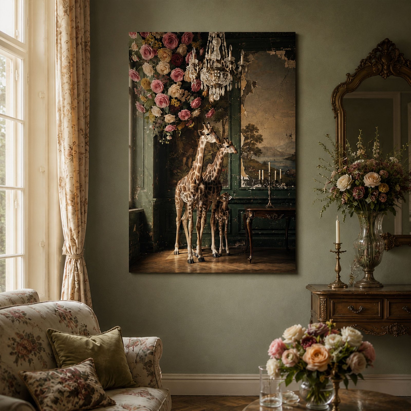 Affiche avec trois girafes dans un salon ancien fleuri, accrochée dans un intérieur vert avec miroir doré, bouquet et rideaux clairs.