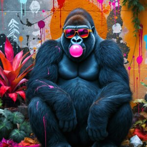 Affiche pop art avec un gorille portant des lunettes colorées et soufflant une bulle de chewing-gum rose devant un fond graffiti.