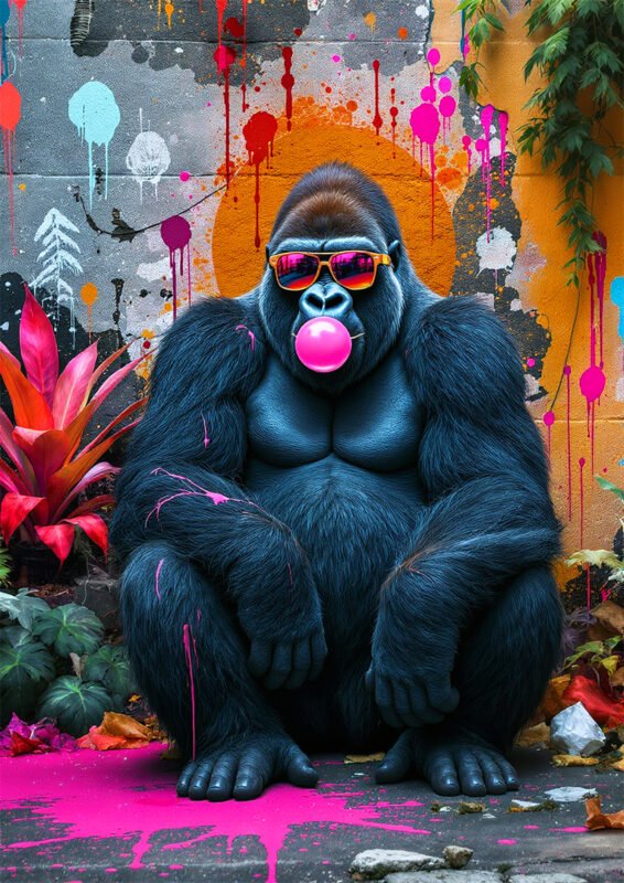 Affiche pop art avec un gorille portant des lunettes colorées et soufflant une bulle de chewing-gum rose devant un fond graffiti.