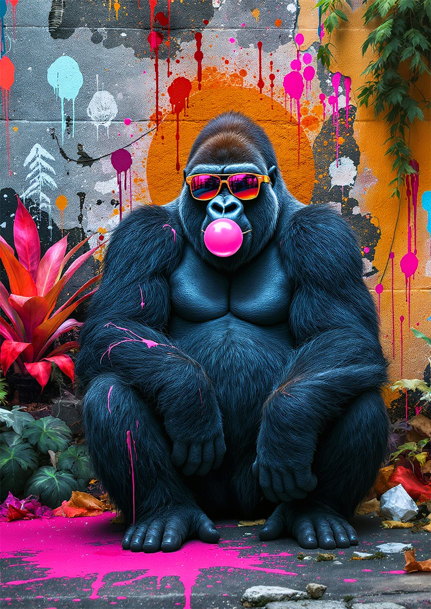 Affiche pop art avec un gorille portant des lunettes colorées et soufflant une bulle de chewing-gum rose devant un fond graffiti.