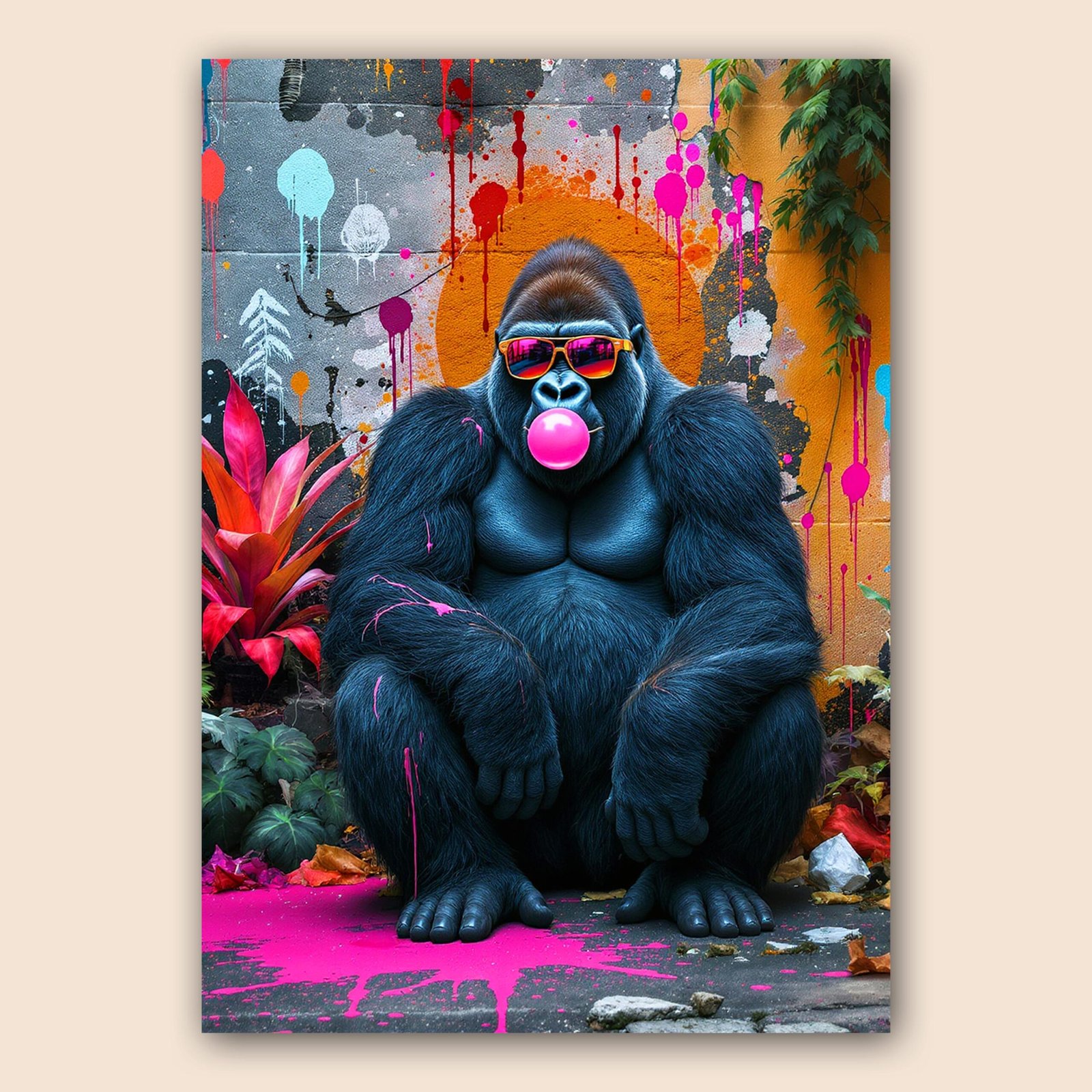 Affiche avec un gorille portant des lunettes colorées et soufflant une bulle de chewing-gum rose, devant un fond graffiti pop art.