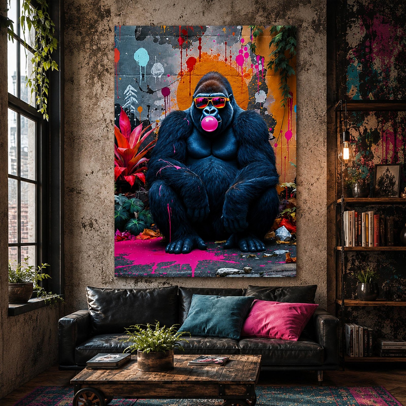 Affiche gorille pop art accrochée dans un salon urbain avec canapé noir, coussins colorés, plantes et décoration industrielle.