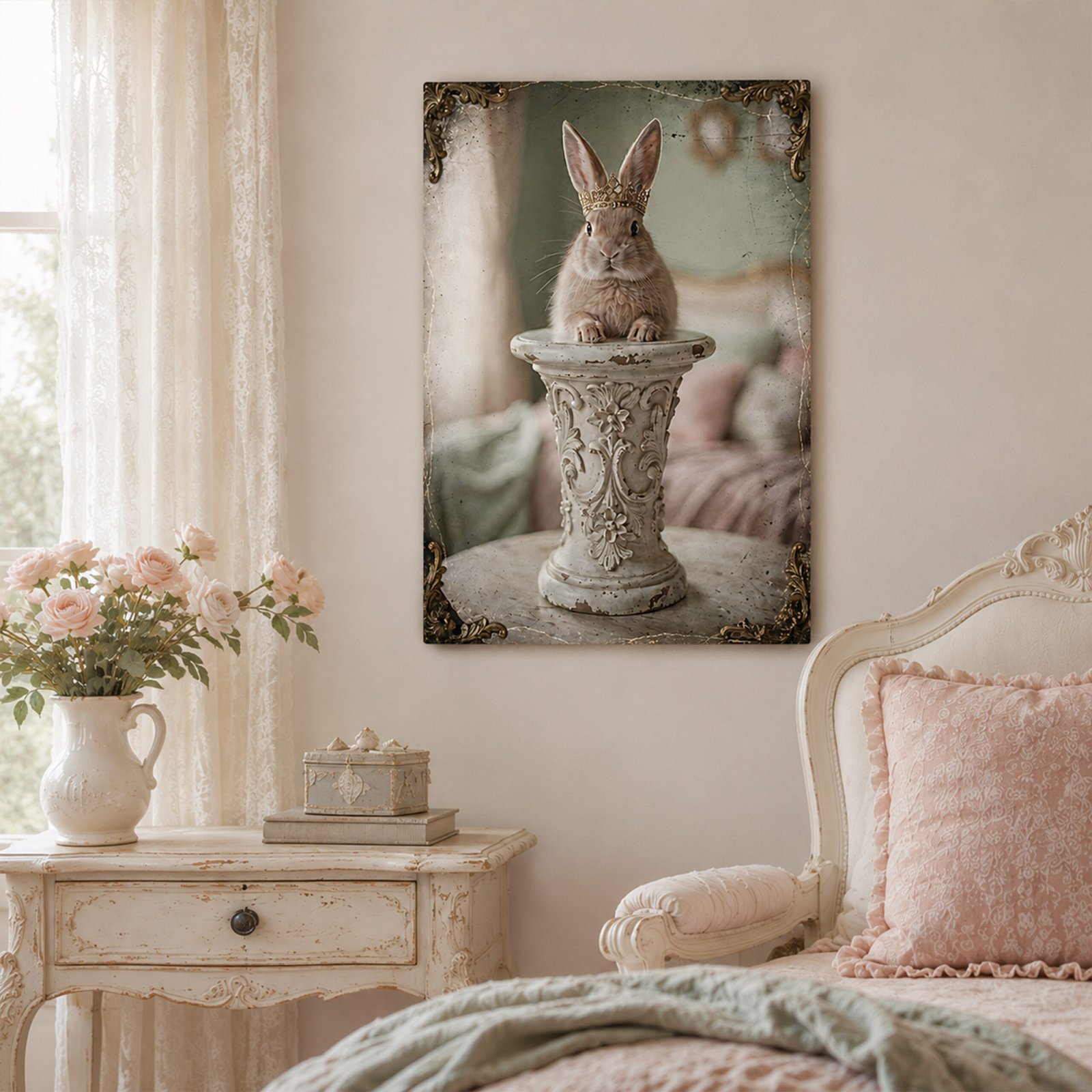 Affiche avec un lapin couronné sur un piédestal ancien, accrochée dans une chambre douce aux tons crème et rose poudré.