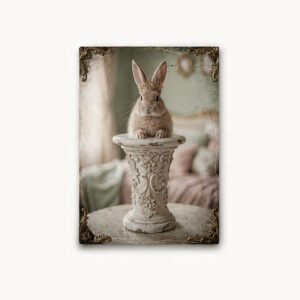 Affiche avec un lapin clair portant une couronne, posé dans un piédestal ancien décoré, sur fond doux et vintage.