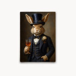 Affiche avec un lapin en costume sombre, haut-de-forme noir, nœud papillon et verre à la main, dans un style portrait ancien.