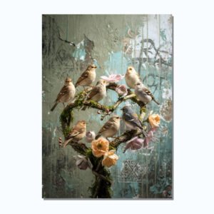 Affiche avec plusieurs petits oiseaux posés sur des branches fleuries et moussues, sur un fond bleu-vert patiné.
