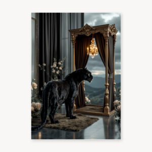 Affiche avec une panthère noire dans un décor théâtral sombre, entourée de rideaux, d’un chandelier et de fleurs blanches.