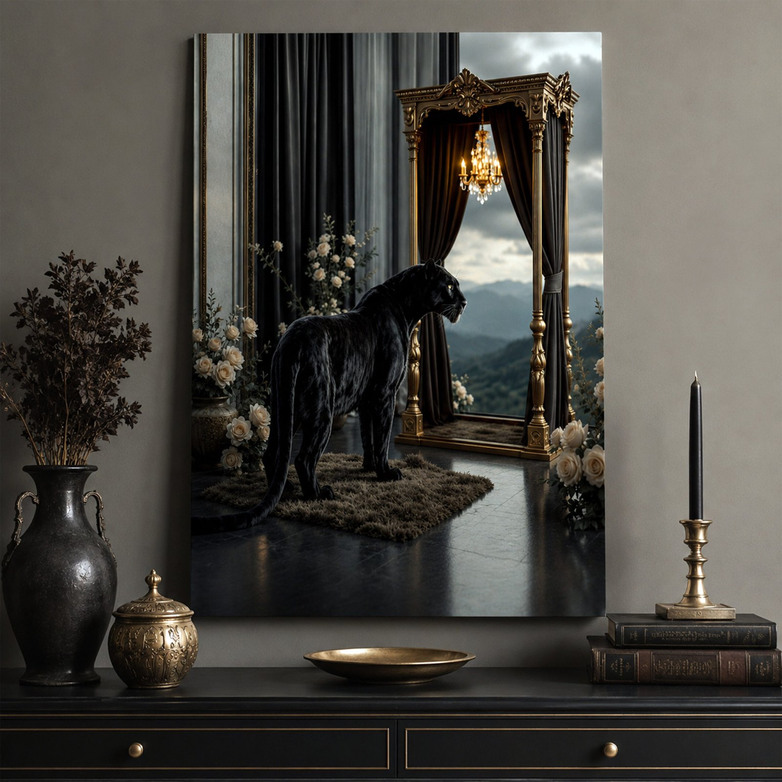 Affiche avec une panthère noire accrochée dans un intérieur sombre avec vase noir, bougeoir, livres anciens et décoration de caractère.