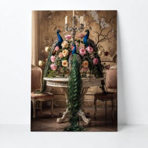 Affiche décorative avec trois paons autour d’un bouquet de roses, dans un décor ancien avec chandelier, table sculptée et chaises patinées.