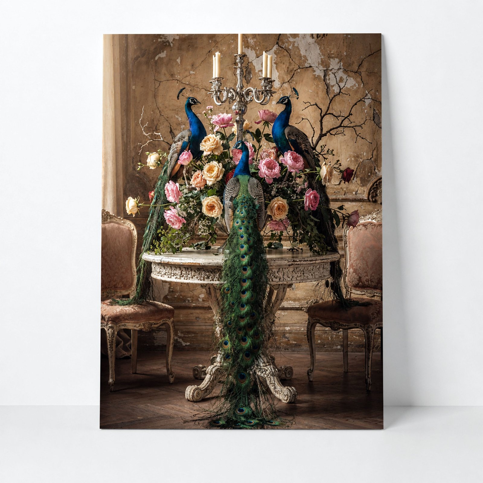 Affiche décorative avec trois paons autour d’un bouquet de roses, dans un décor ancien avec chandelier, table sculptée et chaises patinées.