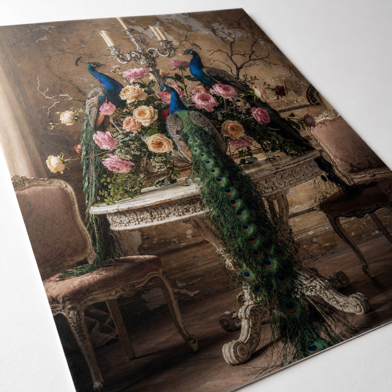Affiche décorative avec trois paons et un bouquet de roses dans un décor ancien avec chandelier et mobilier patiné.