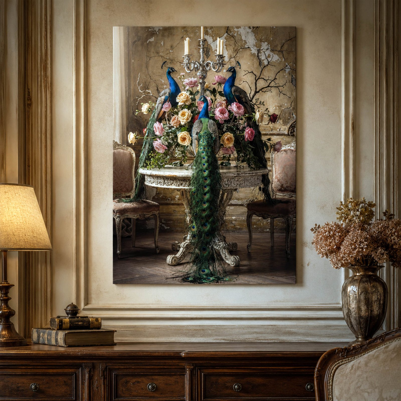 Affiche avec trois paons et un bouquet de roses accrochée dans un intérieur classique avec boiseries, meuble en bois foncé et lampe.