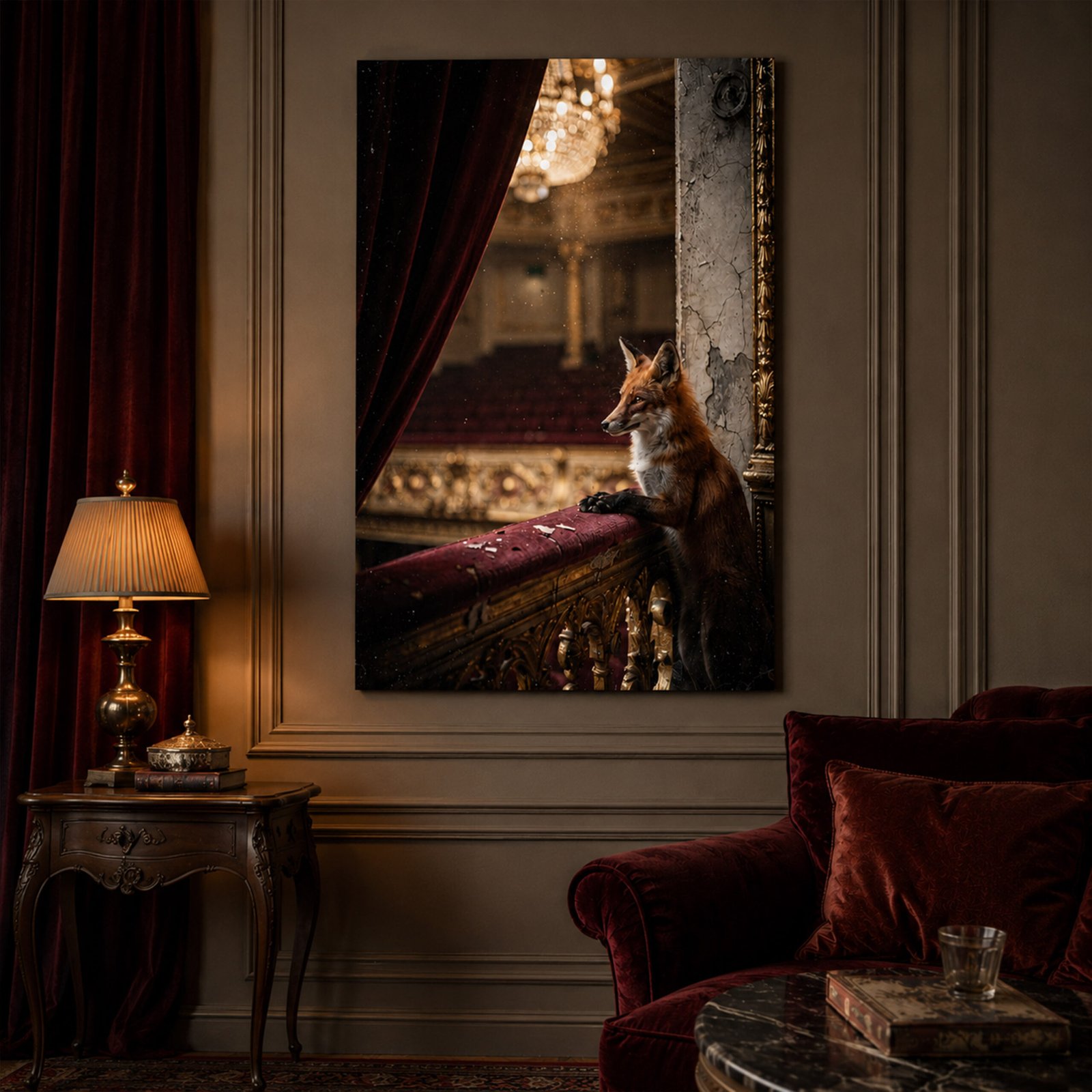 Affiche avec un renard dans un décor de théâtre ancien, accrochée dans un salon feutré avec canapé bordeaux, lampe et mobilier classique.