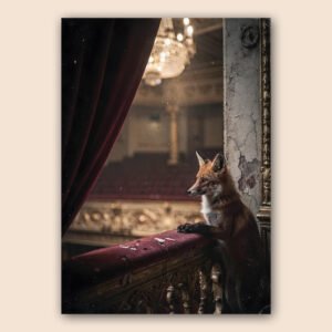 Affiche avec un renard accoudé à une balustrade en velours bordeaux, dans un décor de théâtre ancien avec chandelier et rideau sombre.